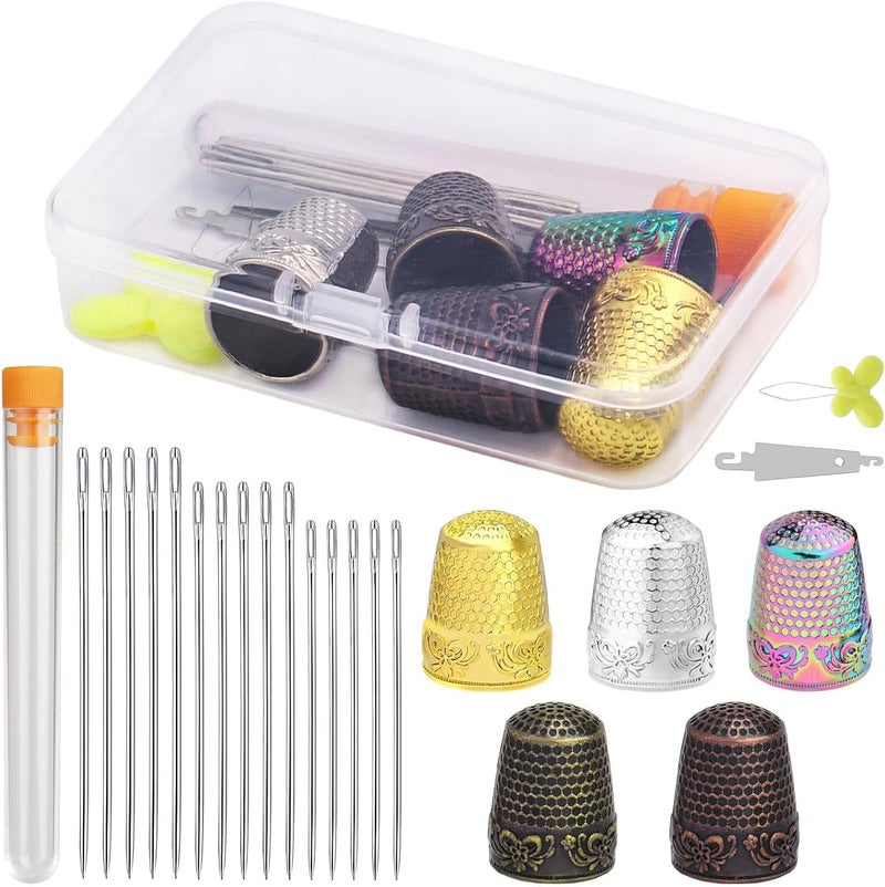 Nitlak 24 Pcs Metal Sewing Thimbles for Hand Sewing, Metal Finger Protectors, Sewing Thimble Ring with Needle Threader, Needles with Storage Container, Plastic Storage Box for Hand DIY Sewing - Image 1
